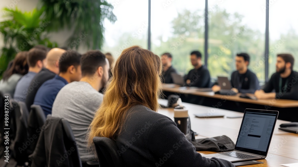 A panoramic view of a startup pitch event with multiple teams presenting to various investor groups A panoramic view of a startup pitch event with multiple teams presenting to various investor groups