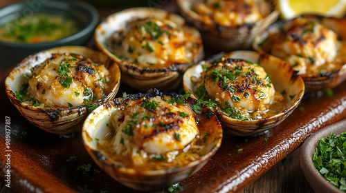 Grilled clams served with a garlic and parsley butter sauce, grilled clams