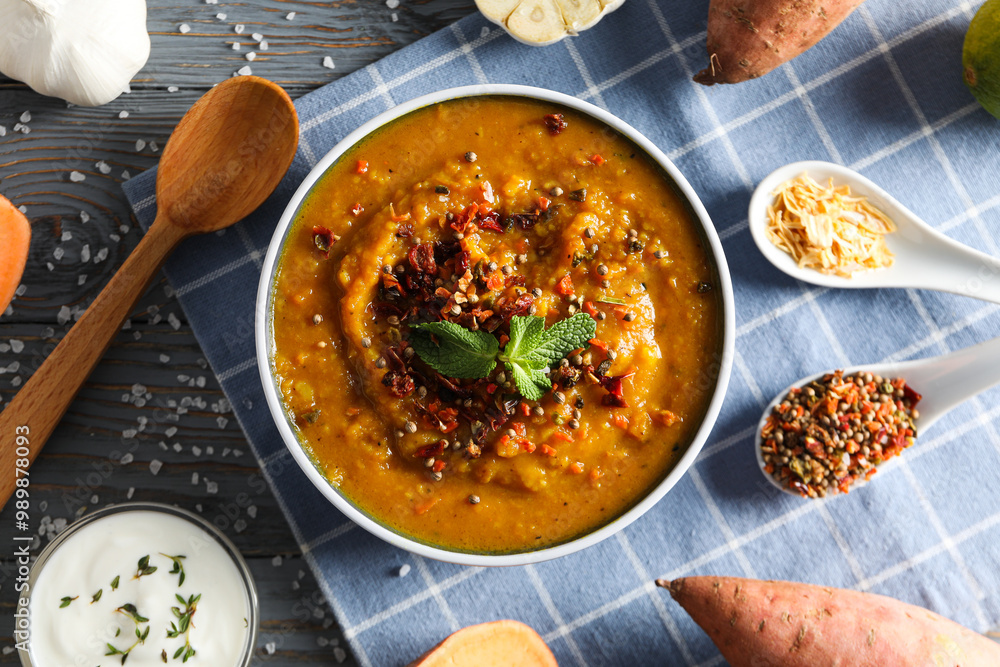 Sweet potato puree in bowl, spoon and ingredients on wooden background, top view Sweet potato puree in bowl, spoon and ingredients on wooden background, top view