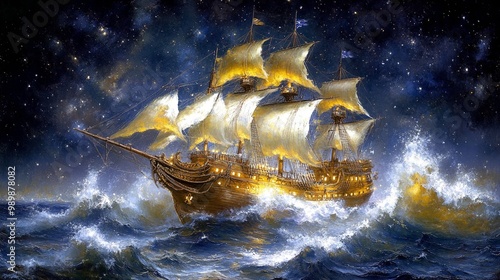 A majestic sailing ship with billowing sails navigates through a stormy sea under a starlit sky.