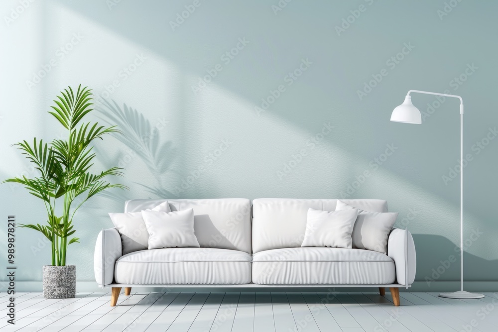 Modern minimalist living room featuring a comfortable white sofa, stylish floor lamp, and a vibrant green potted plant against a soft blue wall. Modern minimalist living room featuring a comfortable white sofa, stylish floor lamp, and a vibrant green potted plant against a soft blue wall.