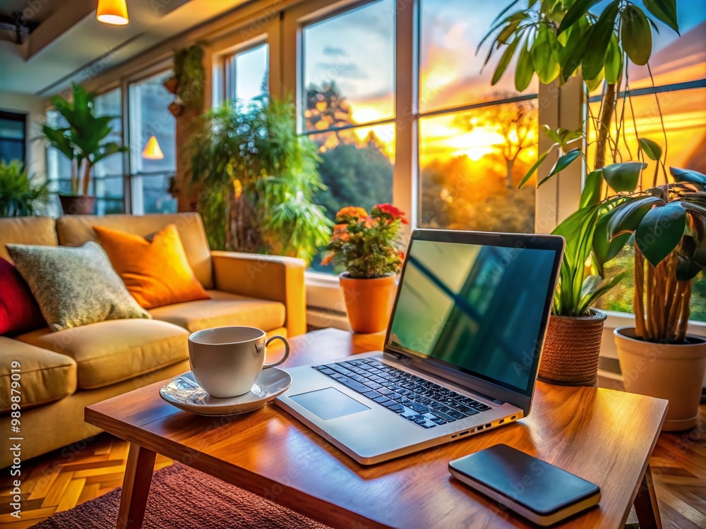 Cozy Home Office Setup with a Laptop on Lap for Remote Work and Productivity in Comfort Zone Cozy Home Office Setup with a Laptop on Lap for Remote Work and Productivity in Comfort Zone
