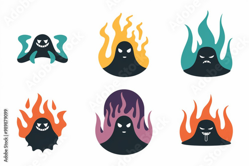Colorful cartoon fire ghost characters with different expressions