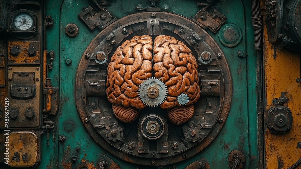 A Human Brain Integrated Into a Complex, Rusty Machine, Representing the Intersection of Technology and Intelligence A Human Brain Integrated Into a Complex, Rusty Machine, Representing the Intersection of Technology and Intelligence