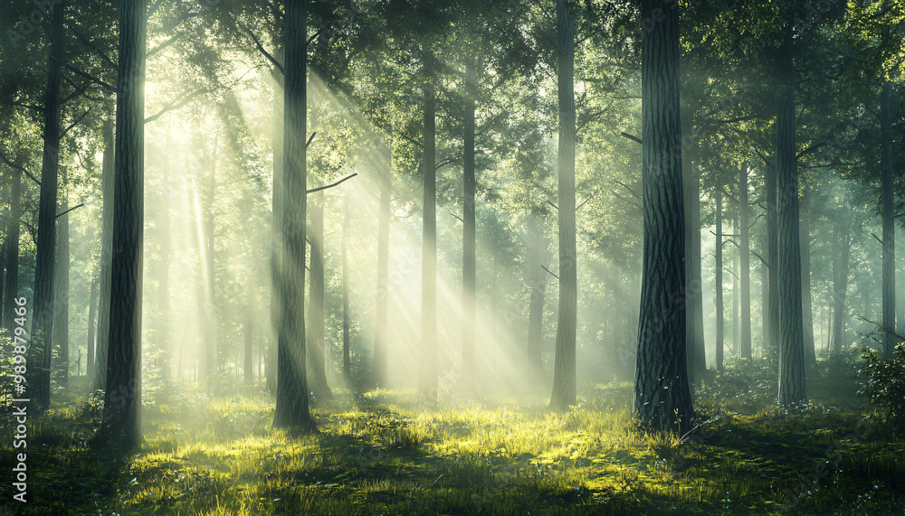 Tall, misty trees with sunlight streaming through the branches, creating a magical and mysterious forest atmosphere Tall, misty trees with sunlight streaming through the branches, creating a magical and mysterious forest atmosphere
