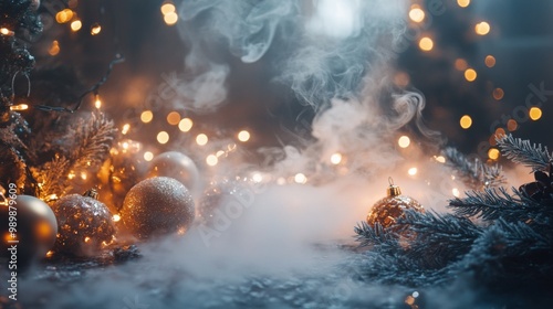 Christmas tree branches are highlighted by sparkling blurred shiny lights in the background.