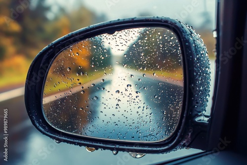 Close-up view of a car side mirror with raindrops, reflecting a moody rainy road scene and autumn foliage.