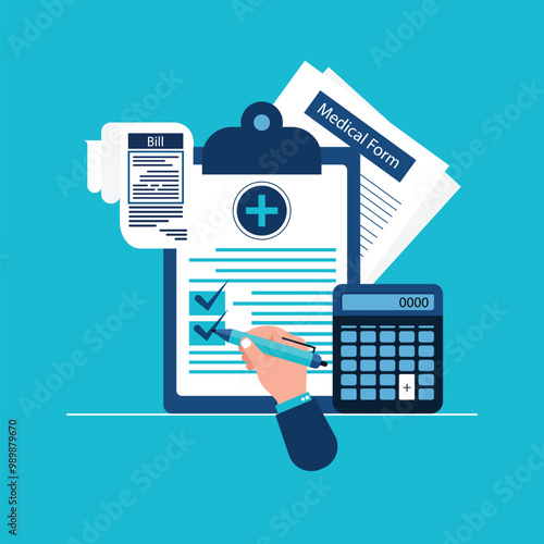 Health insurance concept, health insurance. Medical insurance form, calculator, pen, money, flat design graphic elements