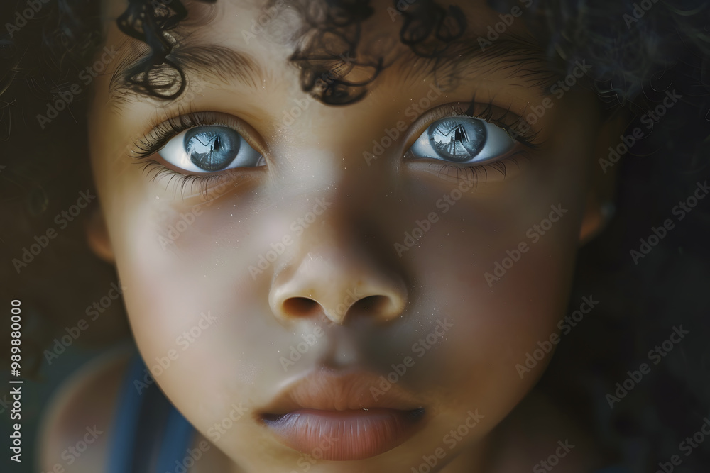 Portrait of a young girl with curly hair and striking blue eyes, capturing wonder and curiosity in a soft, natural light. Portrait of a young girl with curly hair and striking blue eyes, capturing wonder and curiosity in a soft, natural light.