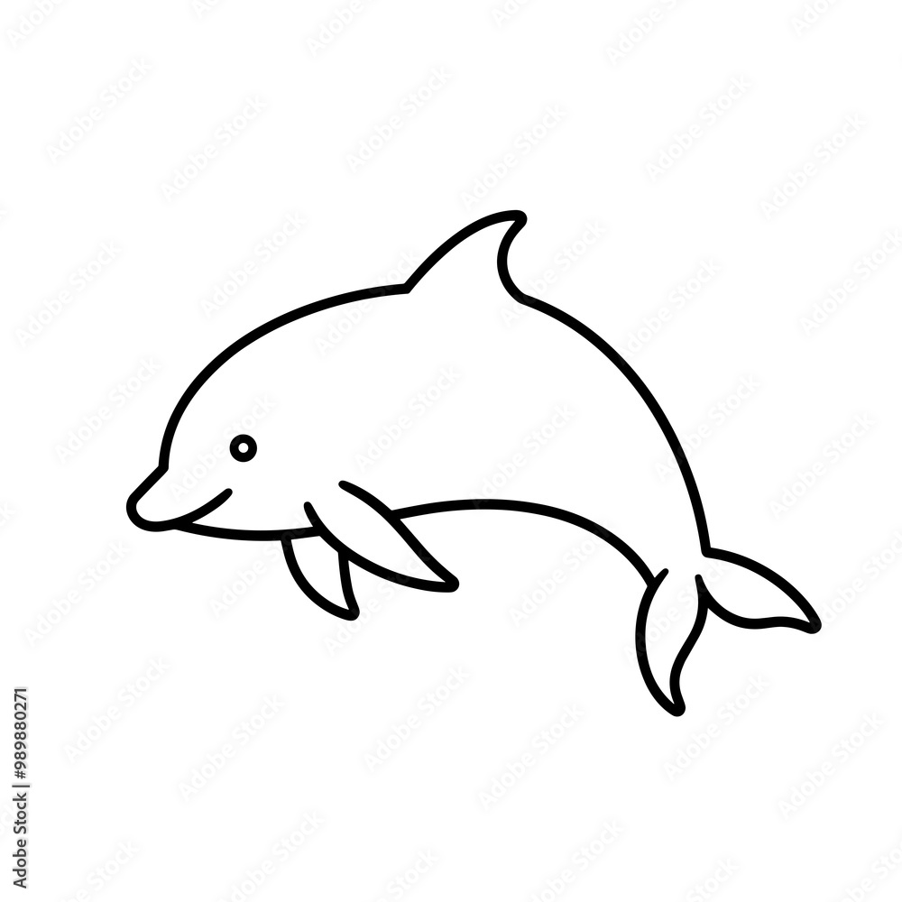 A minimalist dolphin icon features a playful design, showcasing its trademark shape and features while swimming in an oceanic environment