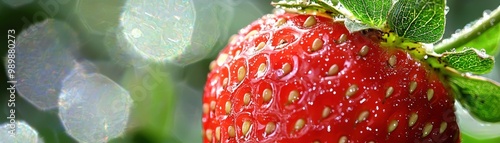 Wallpaper Mural Fresh strawberry with vibrant red color and green leaves, captured against a soft bokeh background. Perfect for food and nature themes. Torontodigital.ca