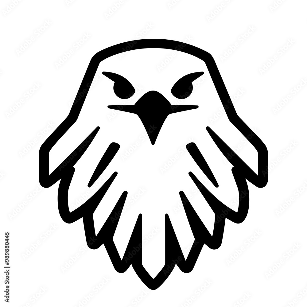 Fototapeta premium This graphic showcases a sleek black line icon representing a bird's head, characterized by its fierce expression and distinctive feather outline, ideal for logos