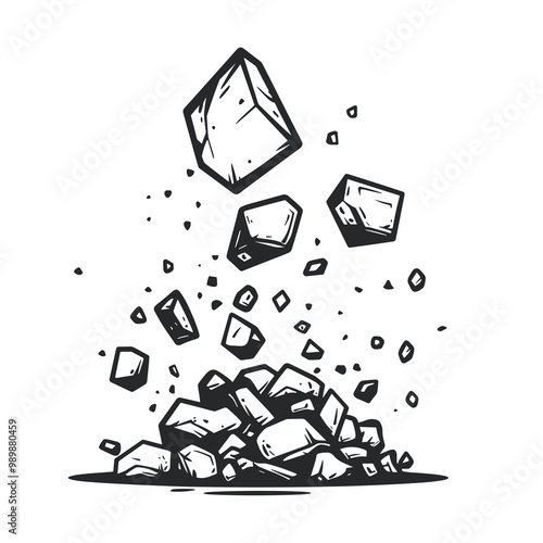 A minimalistic black icon shows rocks in various sizes tumbling downwards, illustrating the dynamic movement of natural stones in an abstract style