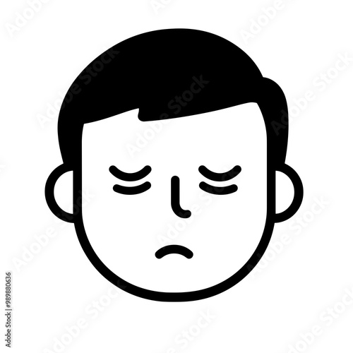 This vector icon depicts a minimalist sad face, featuring a frowning expression and closed eyes, designed to convey feelings of sadness or disappointment