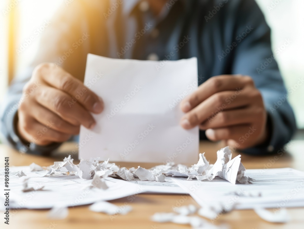 A businessperson tearing up a rejection letter in frustration, with financial documents scattered around