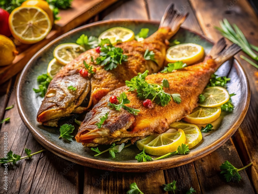 Crispy Golden Fish Fry Served on a Plate with Lemon Wedges and Fresh Herbs for Delicious Flavor Crispy Golden Fish Fry Served on a Plate with Lemon Wedges and Fresh Herbs for Delicious Flavor