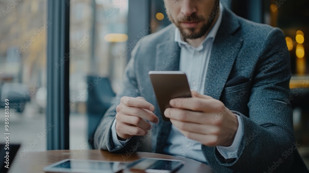 Businessman using smartphone to complete a financial transaction, leveraging blockchain technology and digital wallet for secure global payments. Businessman using smartphone to complete a financial transaction, leveraging blockchain technology and digital wallet for secure global payments.