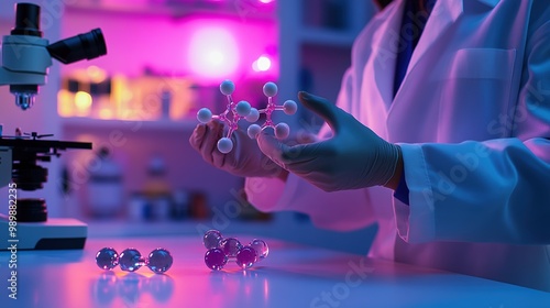 A scientist in a lab coat holds a molecular model of the serotonin receptor, with microscopes and other scientific instruments in the background. The entire scene is illuminated by soft laboratory lig photo