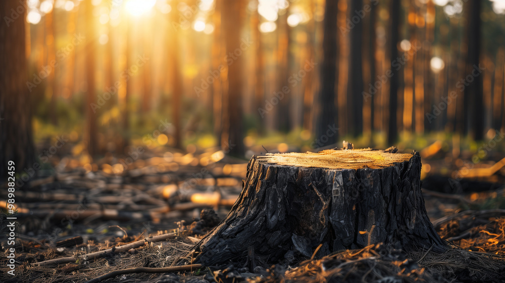 Large Tree Stump in a Deforested Area Under a Bright Sky Symbolizing Environmental Degradation Large Tree Stump in a Deforested Area Under a Bright Sky Symbolizing Environmental Degradation