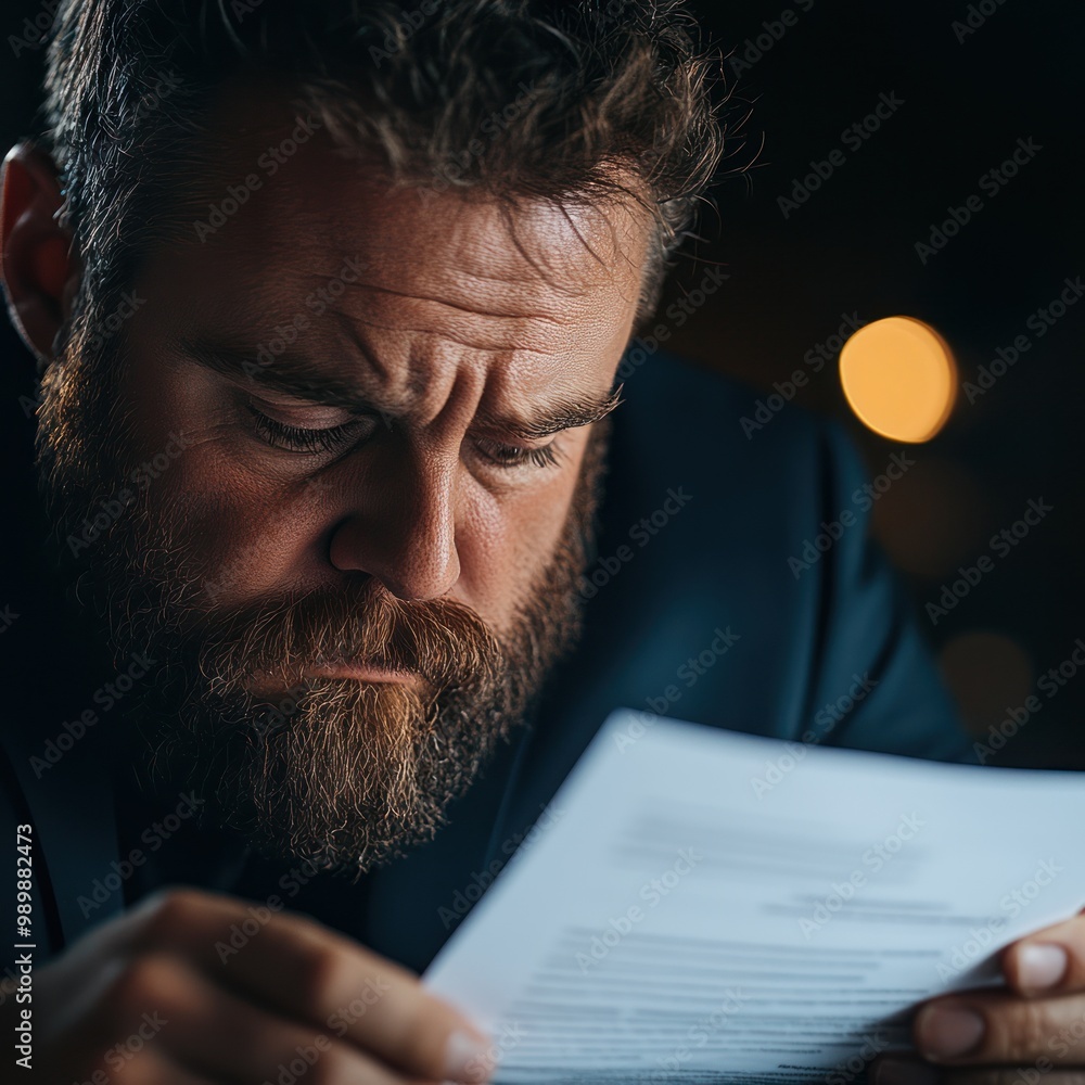 A business owner looking disappointed while reading a loan rejection letter in a dimly lit office
