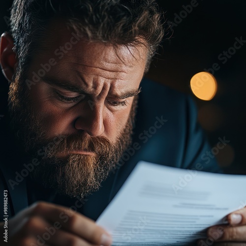 Obraz na płótnie A business owner looking disappointed while reading a loan rejection letter in a dimly lit office w salonie