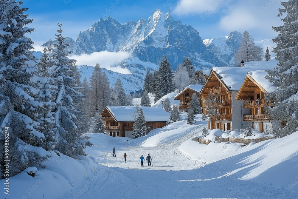 Naklejka premium Families enjoy skiing and walking among charming chalets in a snowy mountain landscape during winter