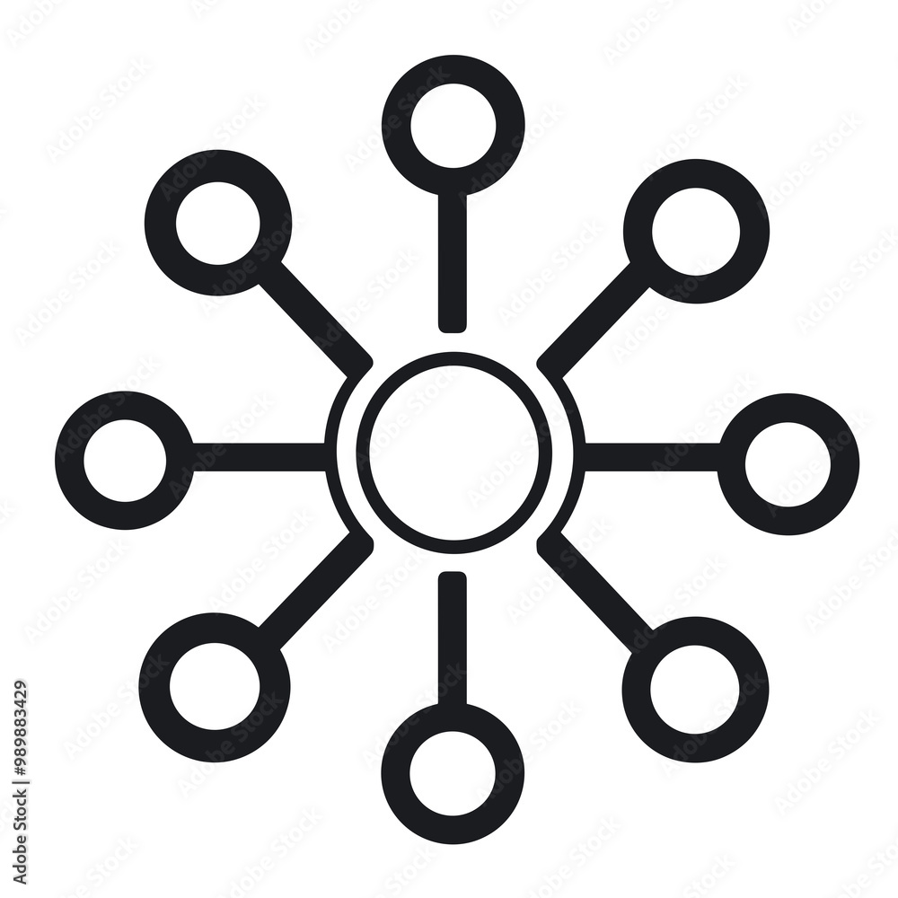 This black line vector icon illustrates a central point connected to various nodes, symbolizing a network or interconnected relationships in a clear design This black line vector icon illustrates a central point connected to various nodes, symbolizing a network or interconnected relationships in a clear design