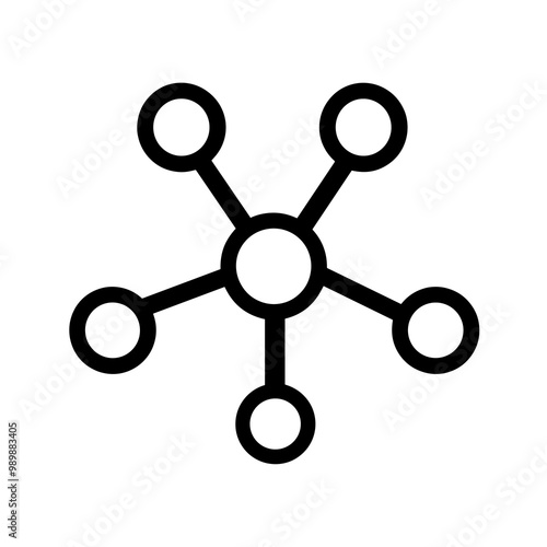 This black line icon illustrates a central node with five connected nodes, symbolizing network structures and connectivity in a minimalistic design, share