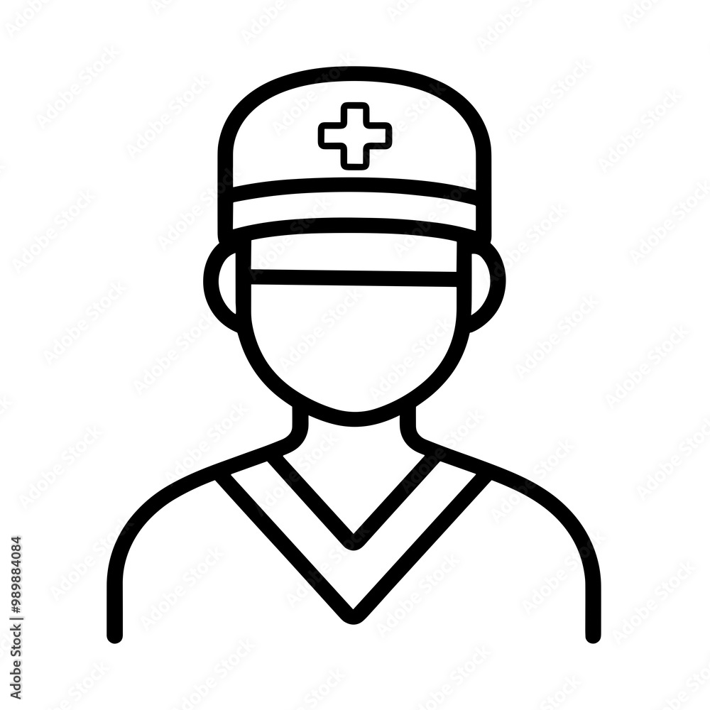 This icon features a healthcare worker in a simple line design, showcasing their cap adorned with a cross symbolizing the medical field and patient care This icon features a healthcare worker in a simple line design, showcasing their cap adorned with a cross symbolizing the medical field and patient care