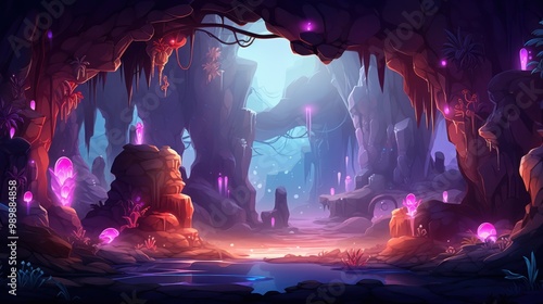 Mystical Cave with Glowing Plants and Water