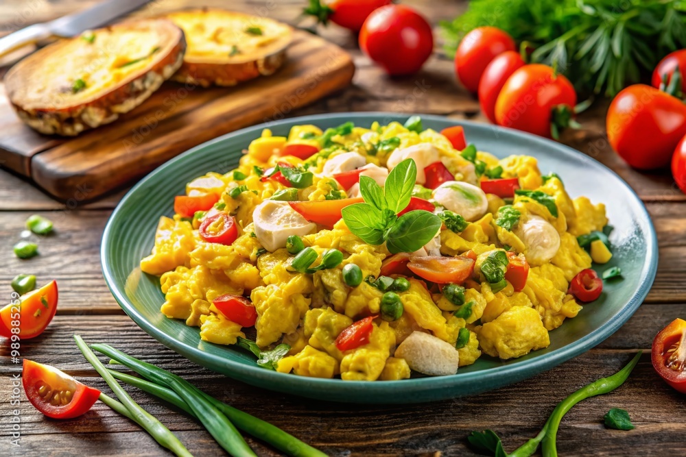Delicious Ackee and Codfish Dish Served with Fresh Vegetables on a Wooden Table for Breakfast Delicious Ackee and Codfish Dish Served with Fresh Vegetables on a Wooden Table for Breakfast