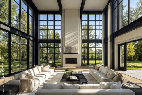 A large, modern living room with black steel-framed windows, a fireplace, and double-height ceilings.