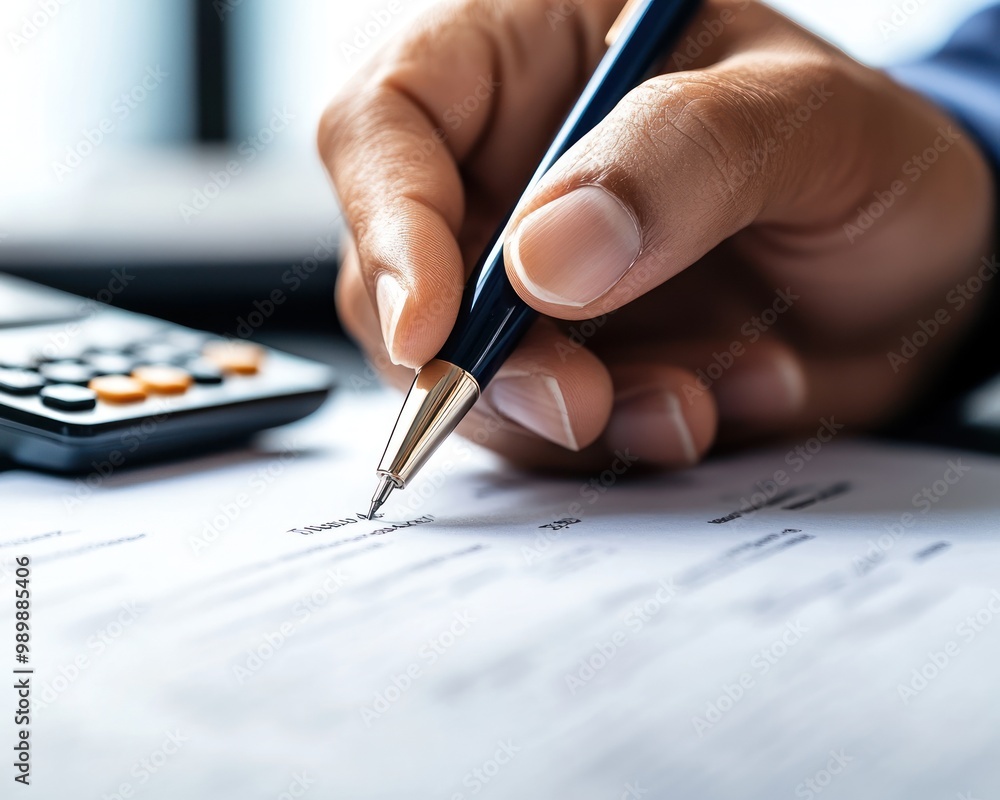 Close-up of a hand signing a loan agreement, with a calculator and financial statements nearby