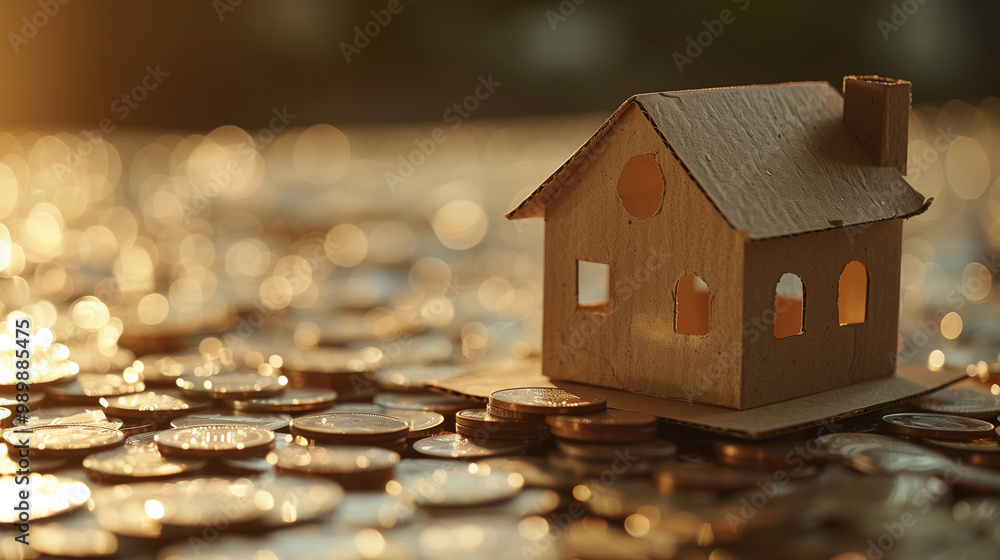 custom made wallpaper toronto digitalMiniature Wooden House Placed on a Bed of Shiny Coins Under Warm Lighting
