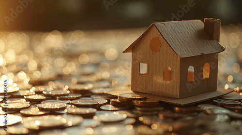 Wallpaper Mural Miniature Wooden House Placed on a Bed of Shiny Coins Under Warm Lighting Torontodigital.ca