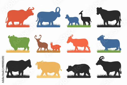 Colorful farm animals silhouettes set