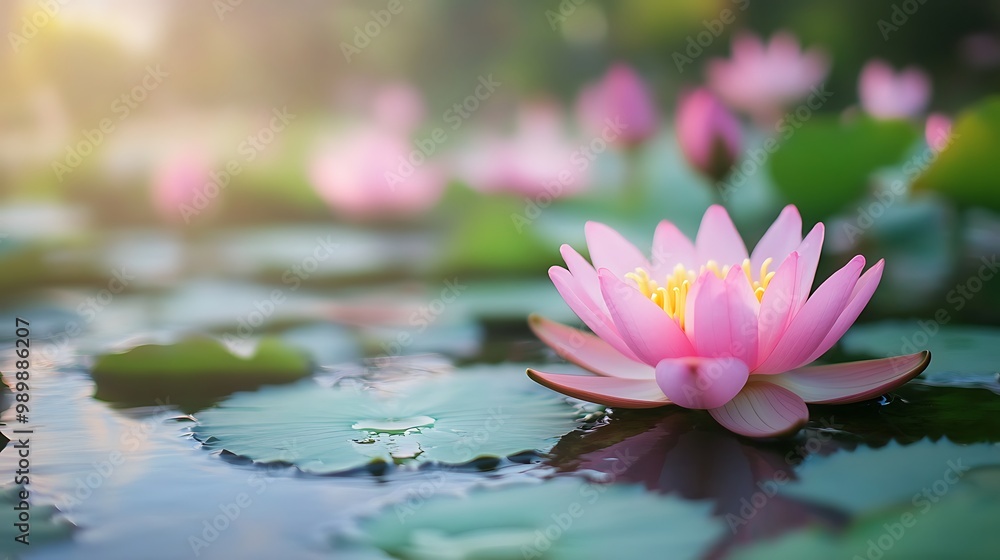 A Pink Water Lily Blooms in a Serene Pond A Pink Water Lily Blooms in a Serene Pond