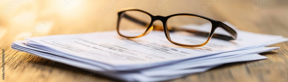 A stack of loan application forms and financial documents on a wooden desk, with a pair of reading glasses on top A stack of loan application forms and financial documents on a wooden desk, with a pair of reading glasses on top
