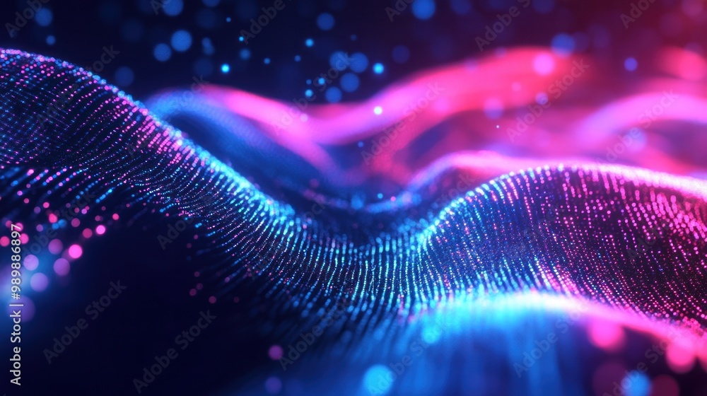 Gradient holographic particle waves glowing with neon light, flowing dynamically in an abstract digital wallpaper. Modern, futuristic energy pulses across the design Gradient holographic particle waves glowing with neon light, flowing dynamically in an abstract digital wallpaper. Modern, futuristic energy pulses across the design