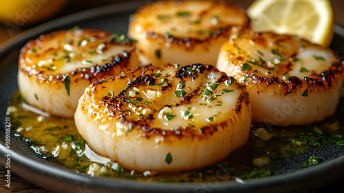 Grilled scallops served with a lemon butter sauce and fresh herbs 