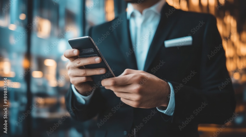Professional businessman using smartphone for mobile banking payments, secured by blockchain and digital wallet for financial transactions. Professional businessman using smartphone for mobile banking payments, secured by blockchain and digital wallet for financial transactions.