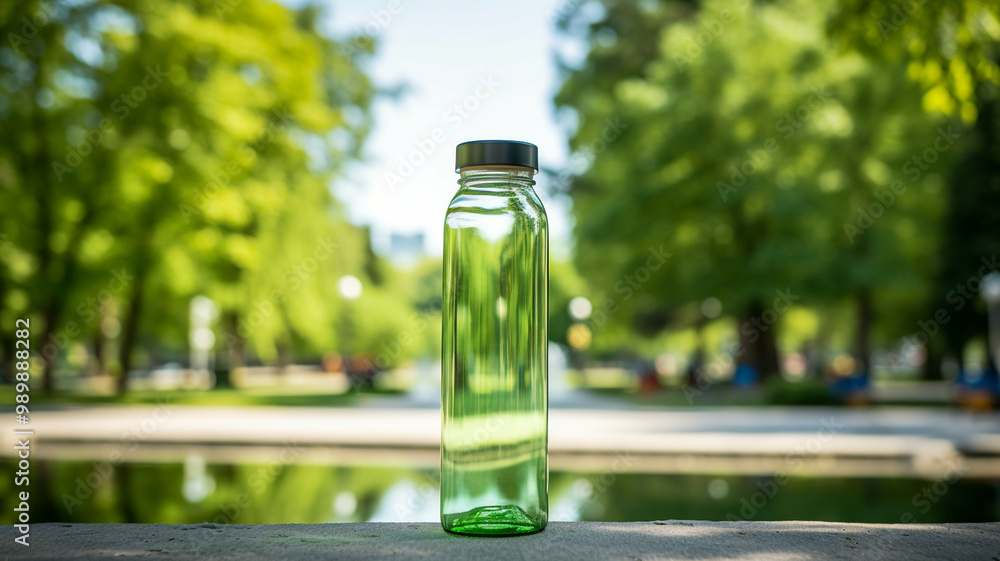 clear green glass bottle placed outdoors in a park with trees and sunlight in the blurred background, symbolizing eco-friendly living and sustainability. clear green glass bottle placed outdoors in a park with trees and sunlight in the blurred background, symbolizing eco-friendly living and sustainability.
