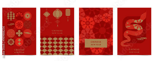 Happy Chinese New Year on red background with flower,lantern.Editable vector illustration for vertical A4 design