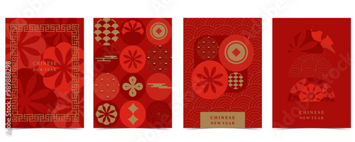 Happy Chinese New Year on red background with flower,lantern.Editable vector illustration for vertical A4 design