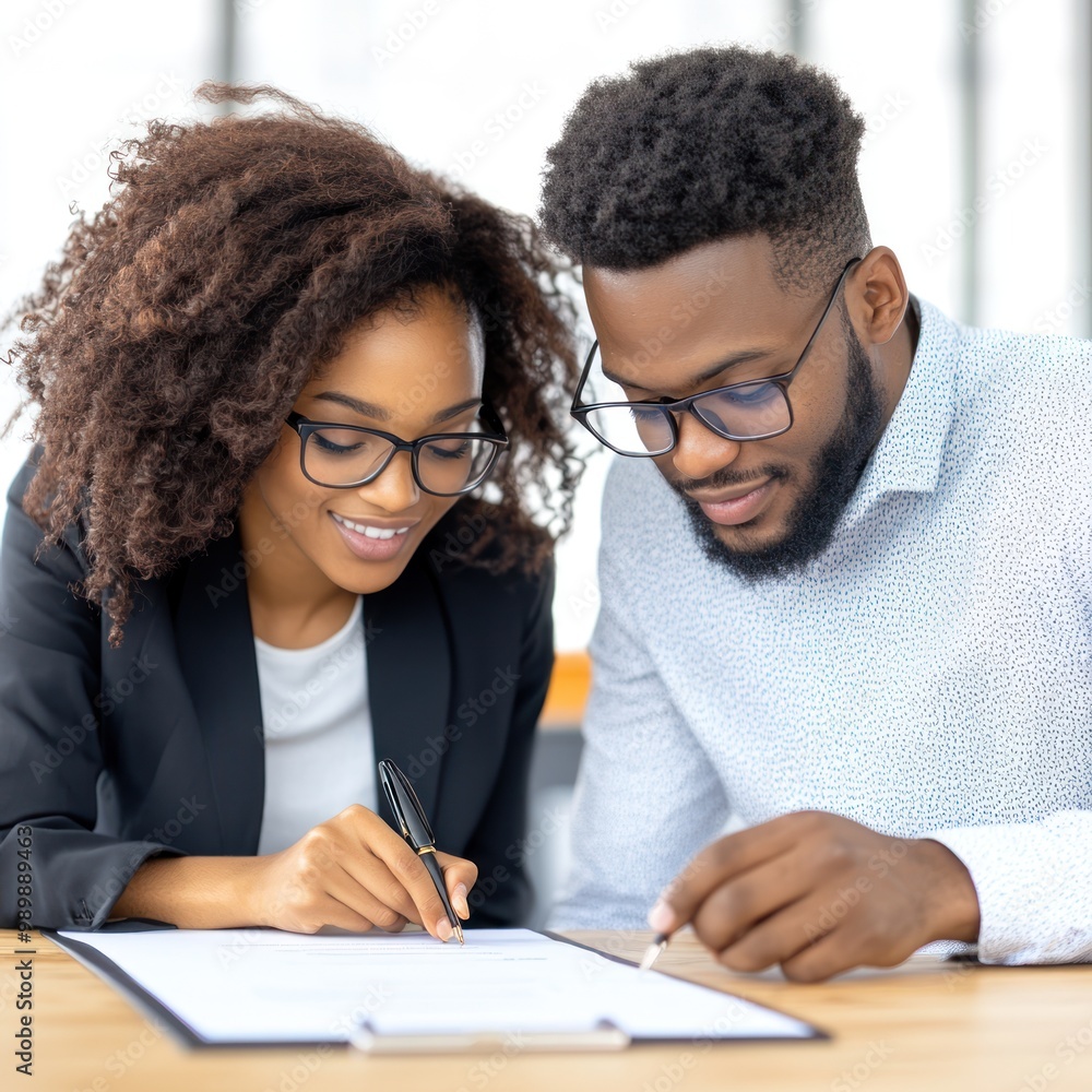 A business owner signing a loan agreement with a bank officer in a modern office setting