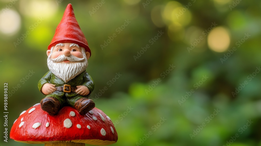 A whimsical garden gnome sitting on a vibrant mushroom surrounded by lush greenery, perfect for enchanting outdoor decor. A whimsical garden gnome sitting on a vibrant mushroom surrounded by lush greenery, perfect for enchanting outdoor decor.