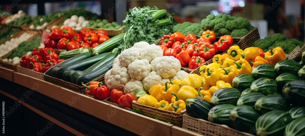 Fototapeta premium Colorful display of fresh vegetables at a local market in the morning sun