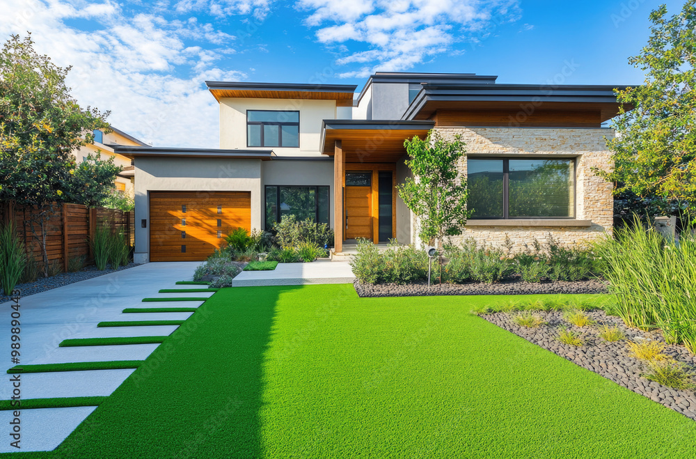Modern front yard design with artificial grass, stone path, and landscaping in an Australian home. Modern front yard design with artificial grass, stone path, and landscaping in an Australian home.