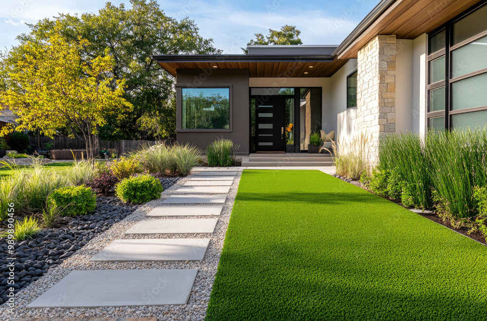 Modern front yard design with artificial grass, stone path, and landscaping in an Australian home. Modern front yard design with artificial grass, stone path, and landscaping in an Australian home.