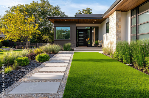 Modern front yard design with artificial grass, stone path, and landscaping in an Australian home.